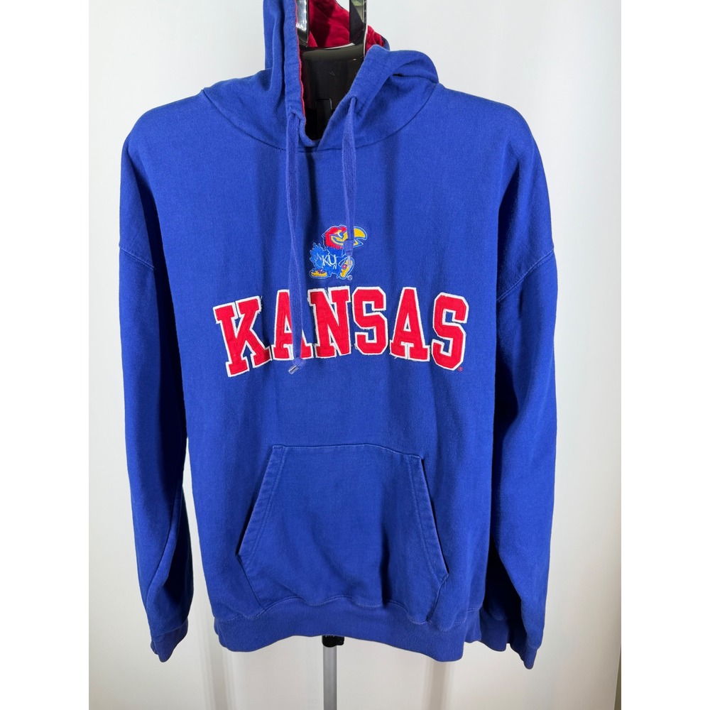 Kansas Jayhawks Hoodie Royal Blue Embroidered Mascot Pullover Sweatshirt Mens XL